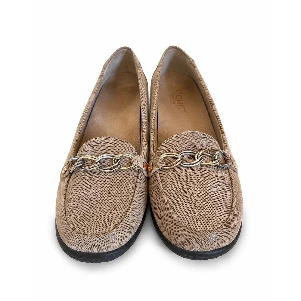Vionic Womens Loafer Flat Taupe Lizard Print Chain Accent Size 8 Orthoheel